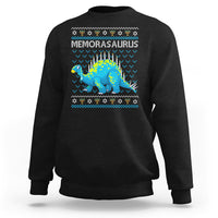 Black crewneck Hanukkah sweatshirt with blue dinosaur menorah graphic on chest