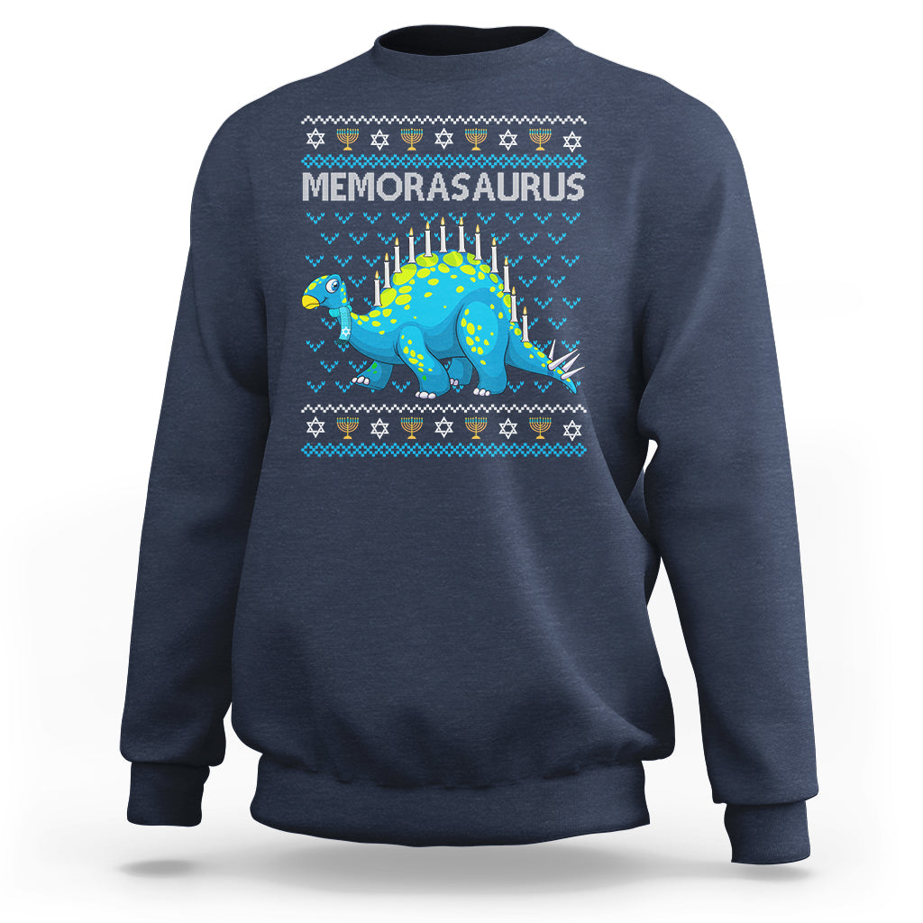 Navy crewneck Hanukkah sweatshirt with blue dinosaur menorah graphic on chest