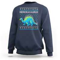 Navy crewneck Hanukkah sweatshirt with blue dinosaur menorah graphic on chest
