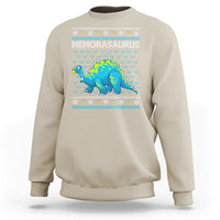 Sand beige crewneck Hanukkah sweatshirt with blue dinosaur menorah graphic on chest