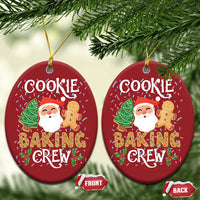 Two red oval cookie baking crew ornaments with Santa and gingerbread text; FRONT/BACK shown.