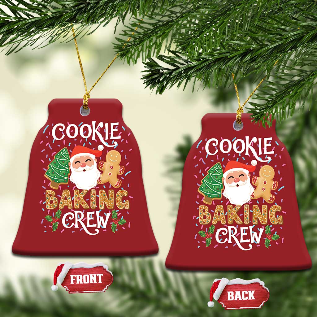 Red bell-shaped cookie baking crew ornament with Santa, tree, and gingerbread text; FRONT/BACK.