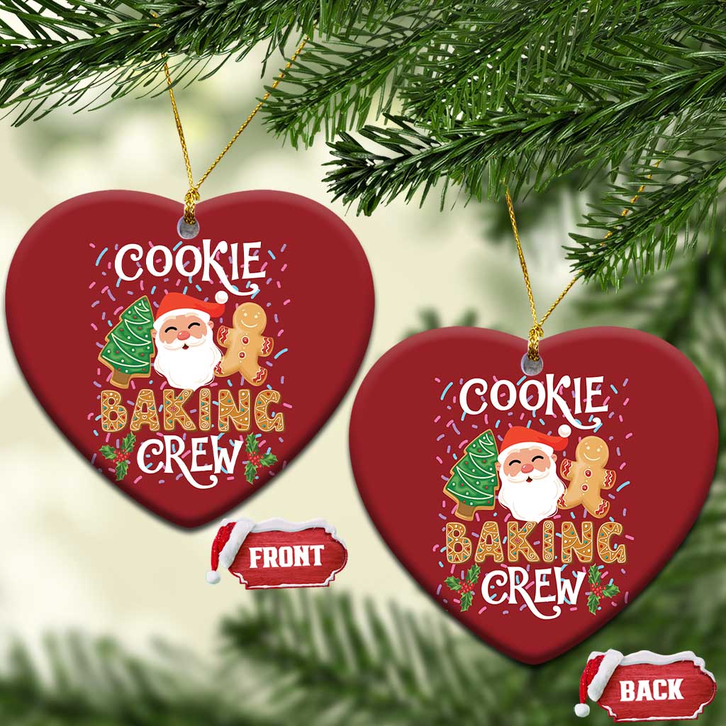Two red heart-shaped cookie baking crew ornaments with Santa and gingerbread; FRONT/BACK.