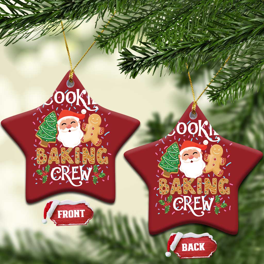 Two red star-shaped cookie baking crew ornaments with Santa and gingerbread; FRONT and BACK.