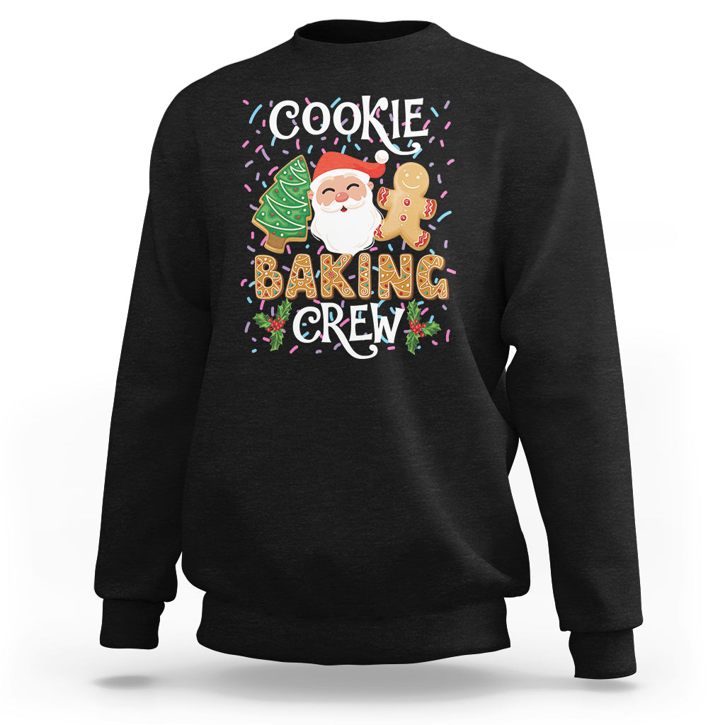 Black crewneck sweatshirt with Cookie Baking Crew graphic, Santa and gingerbread print.