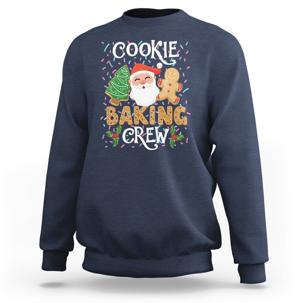 Navy crewneck sweatshirt with Cookie Baking Crew graphic, Santa and gingerbread print.