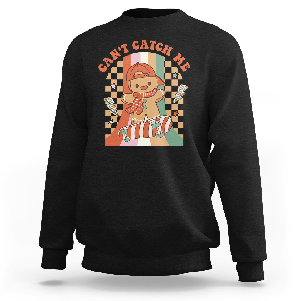 Black crewneck Christmas sweatshirt with gingerbread boy skateboarding graphic on back