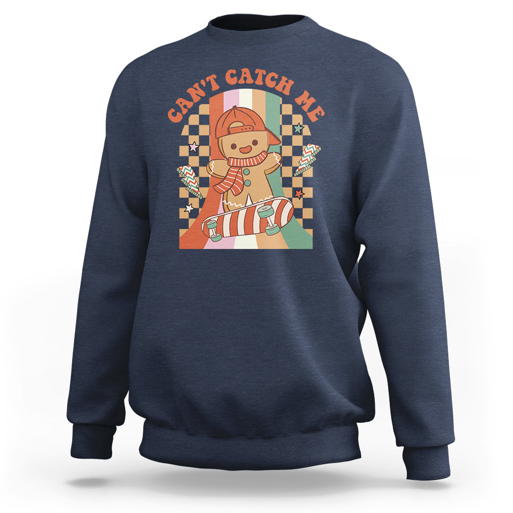 Navy crewneck Christmas sweatshirt with gingerbread boy skateboarding graphic on back