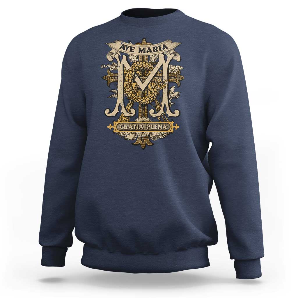 Navy crewneck sweatshirt with gold "Ave Maria" and "Gratia Plena" crest graphic