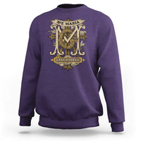 Purple crewneck sweatshirt with gold "Ave Maria" and "Gratia Plena" crest graphic