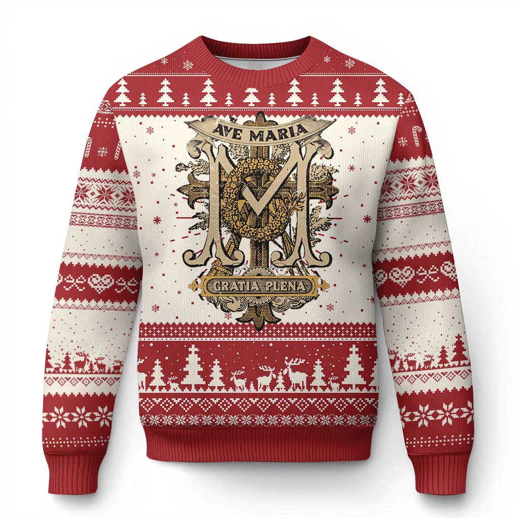 Red and cream ugly Christmas sweater with bold crest front and festive border knit
