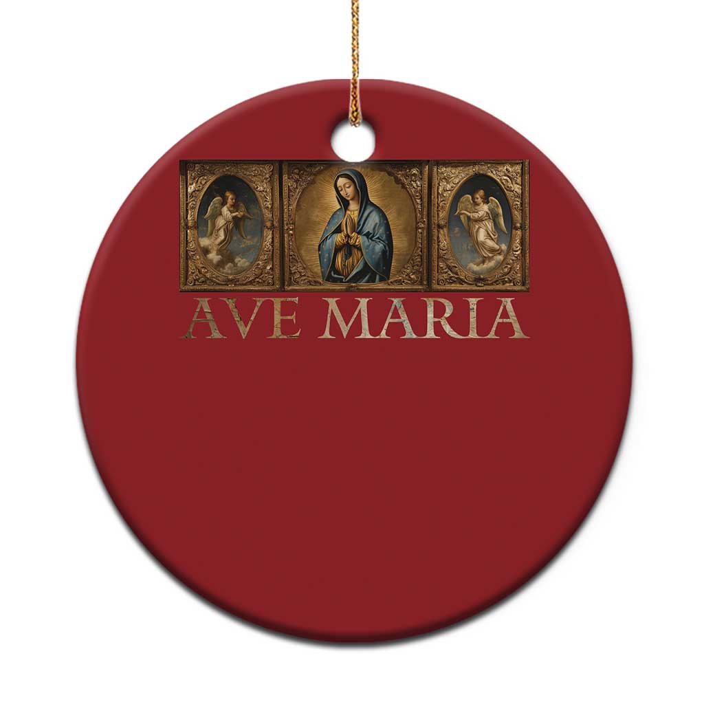 Red circular Christmas ornament with gold “AVE MARIA” and Mary medallion scene