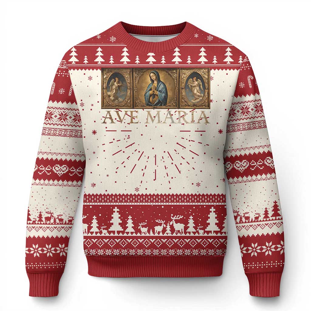 Red and white ugly Christmas sweater with tree fair isle and 'Ave Maria' print