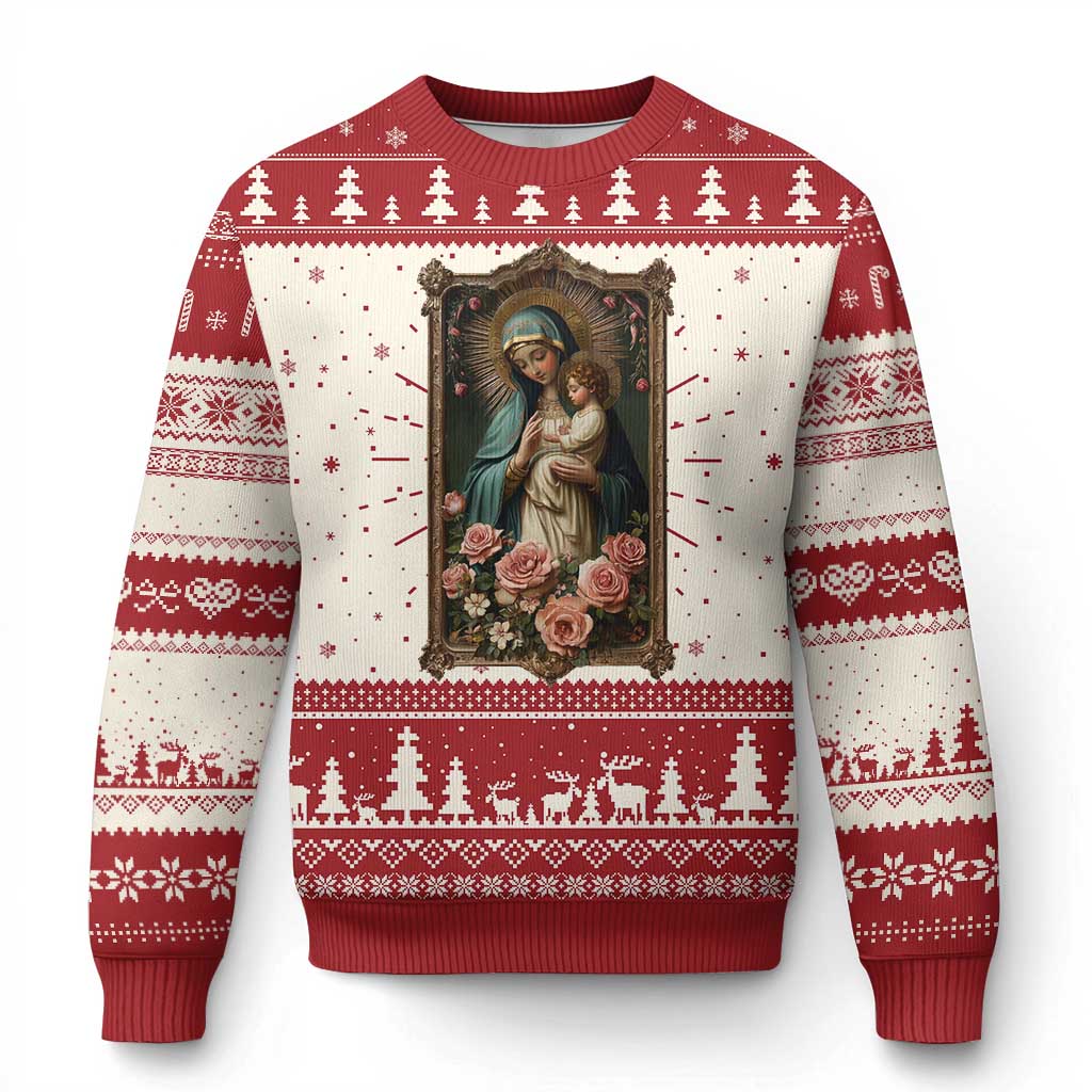 Red and cream Christmas sweater with framed Madonna Mary print and tree pattern stripes