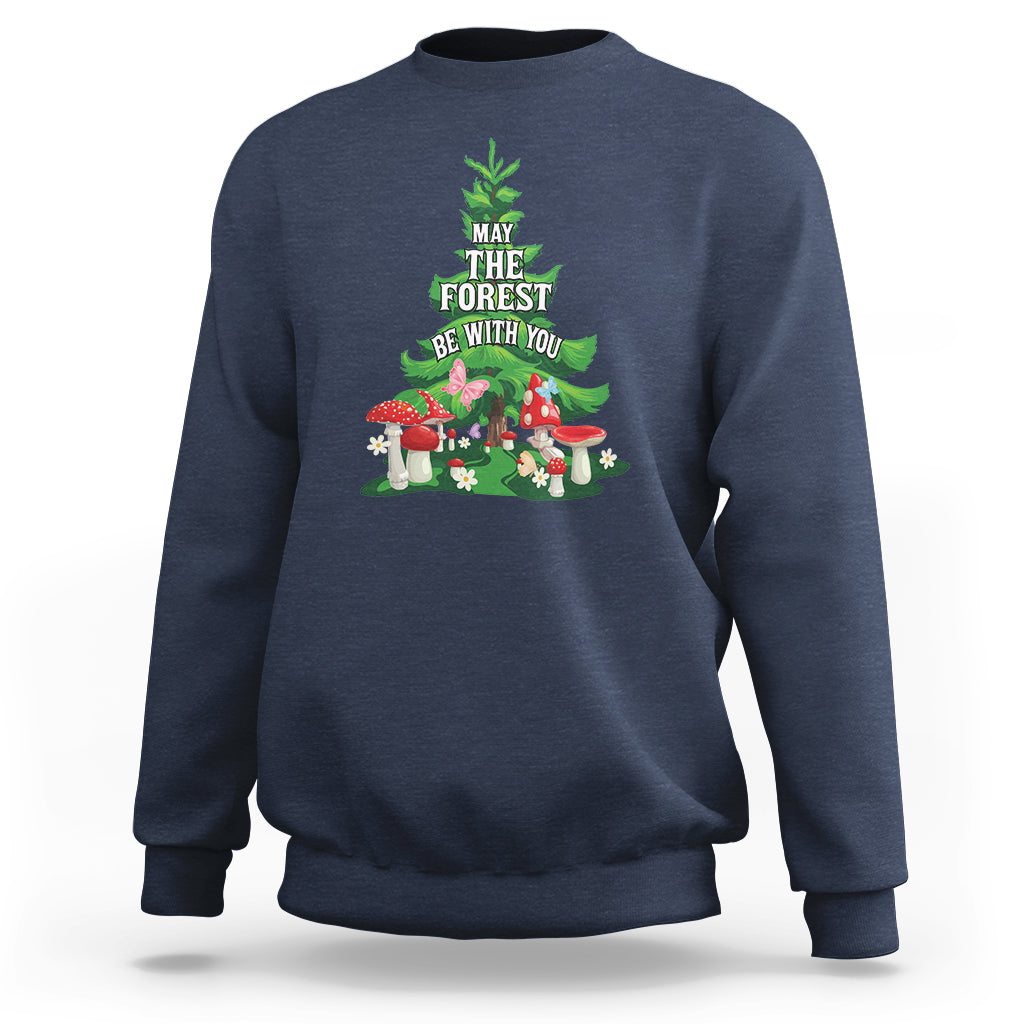 Navy crewneck sweatshirt with forest-themed graphic on front