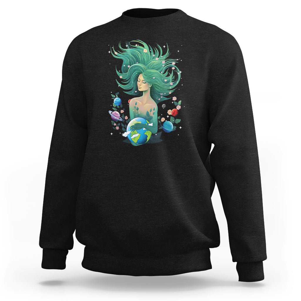 Black crewneck sweatshirt with long sleeves and back nature goddess earth graphic.