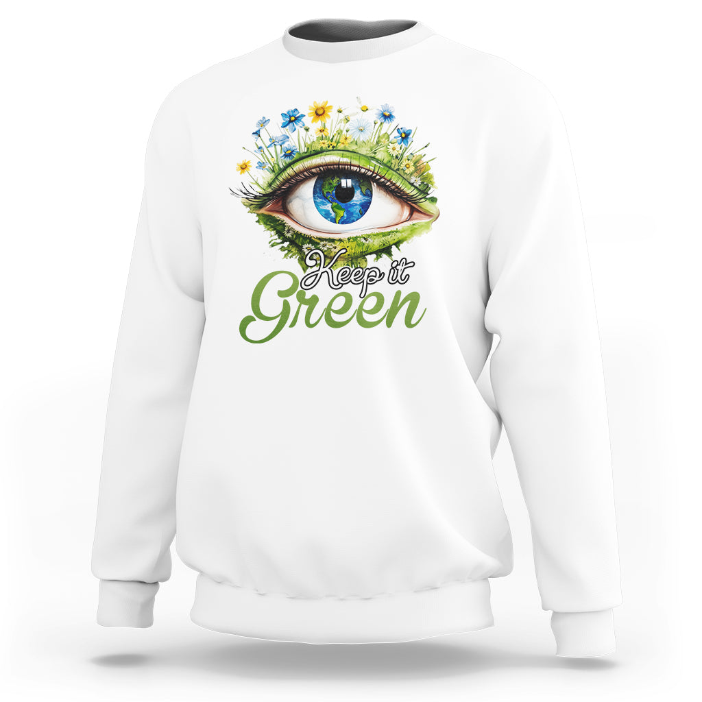 White crewneck sweatshirt with “Keep it Green” eye graphic on the front.