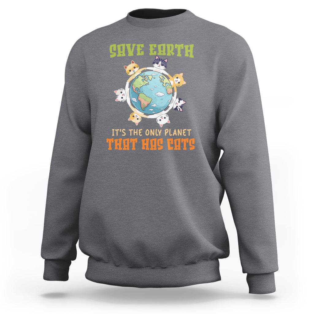 Charcoal Earth Day cat sweatshirt with globe 'Save Earth' and cats graphic