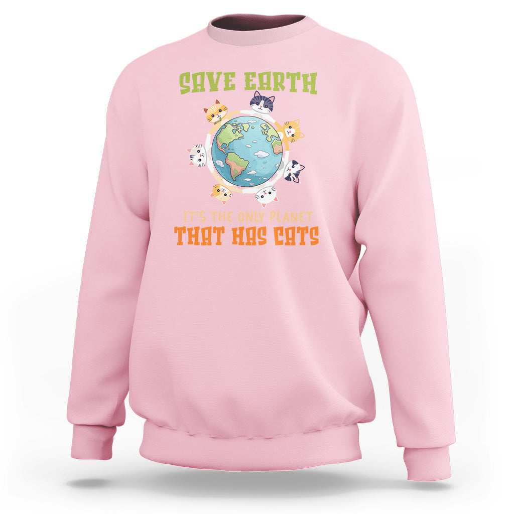 Light pink Earth Day cat sweatshirt with globe 'Save Earth' and cats graphic