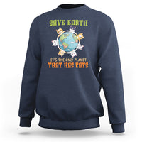 Navy Earth Day cat sweatshirt with globe 'Save Earth' and cats graphic