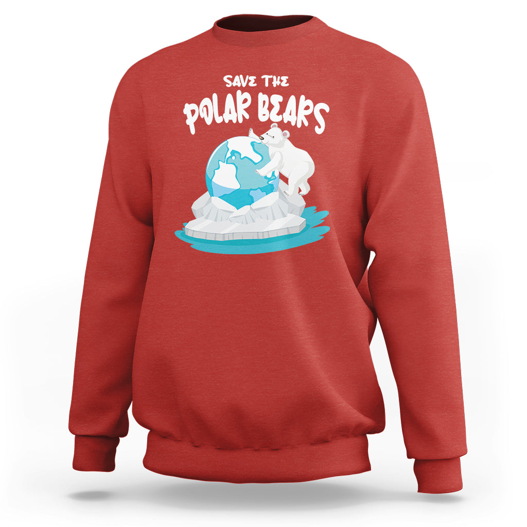 Red sweatshirt with Save the Polar Bears polar bear globe front graphic.