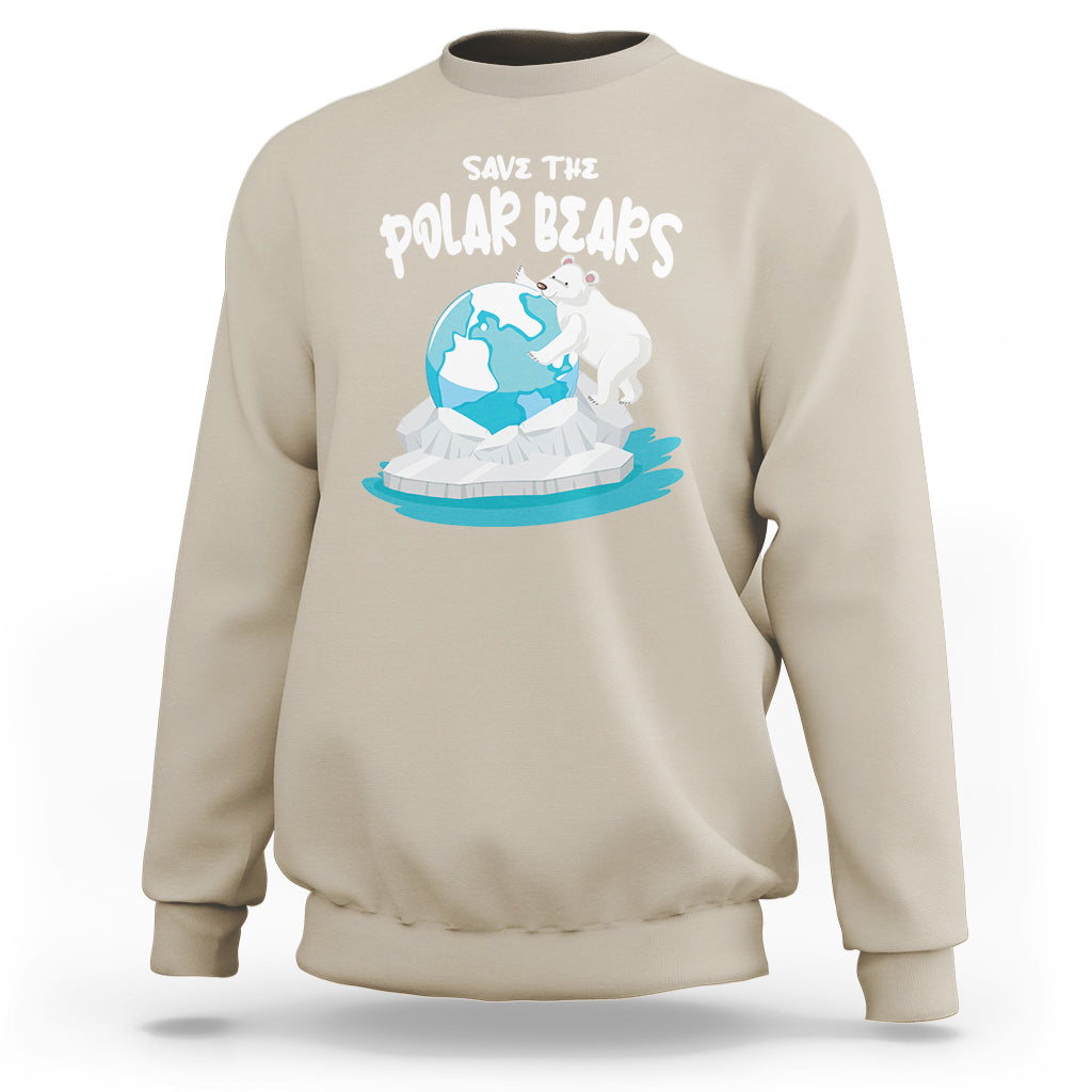 Sand beige sweatshirt with Save the Polar Bears polar bear globe front graphic.