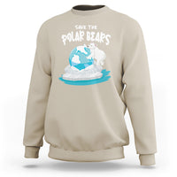 Sand beige sweatshirt with Save the Polar Bears polar bear globe front graphic.