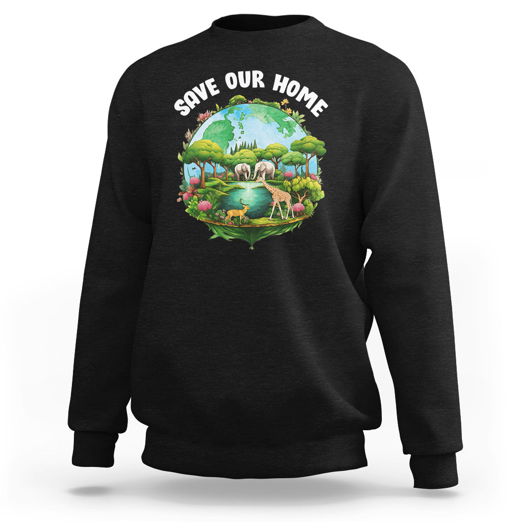 Black crewneck sweatshirt with “Save Our Home” wildlife nature graphic on chest