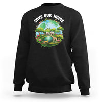 Black crewneck sweatshirt with “Save Our Home” wildlife nature graphic on chest