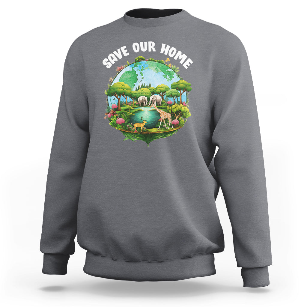 Charcoal gray crewneck sweatshirt with “Save Our Home” wildlife nature graphic on chest