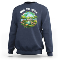 Navy crewneck sweatshirt with “Save Our Home” wildlife nature graphic on chest