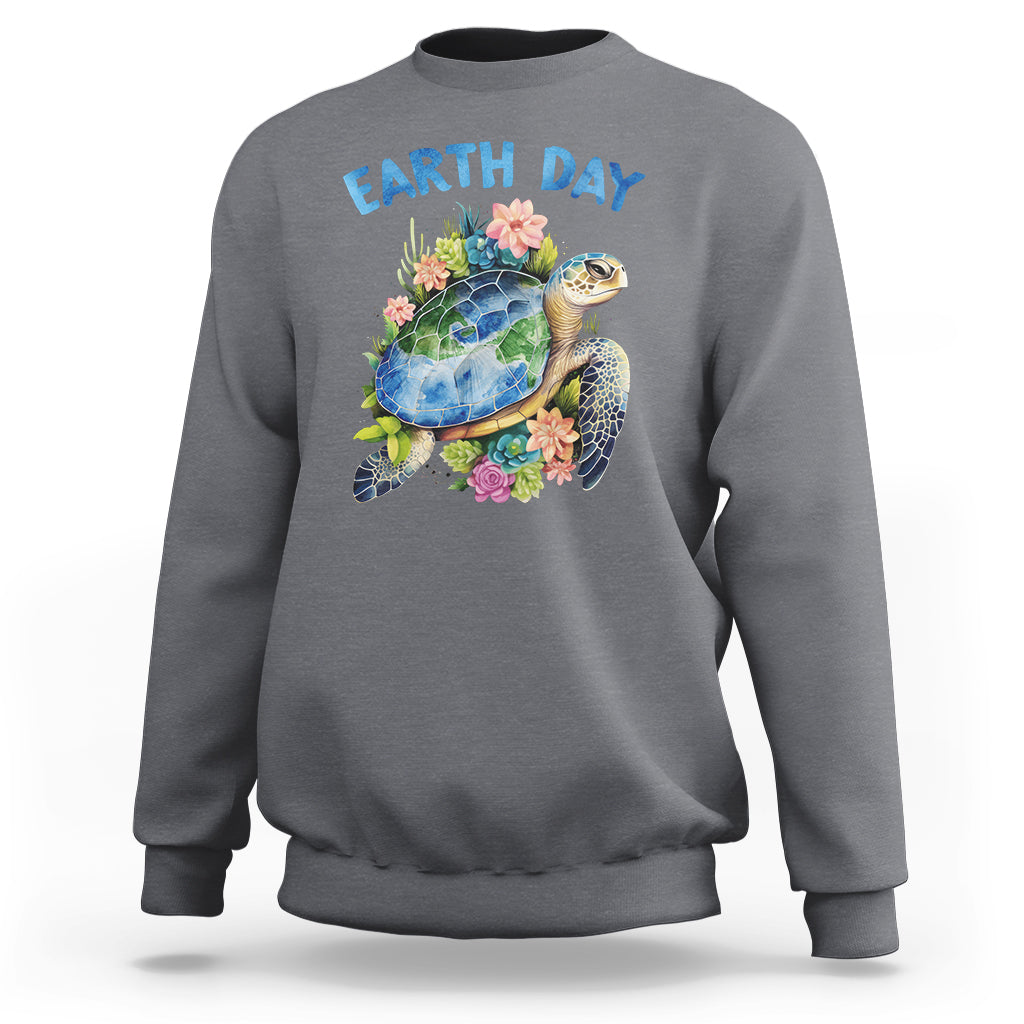 Charcoal Earth Day sweatshirt with sea turtle graphic and flowers on the chest