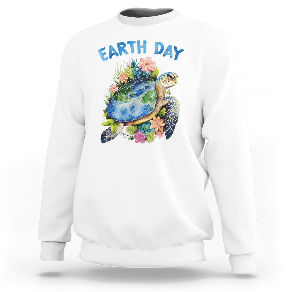 White Earth Day sweatshirt with sea turtle graphic and flowers on the chest