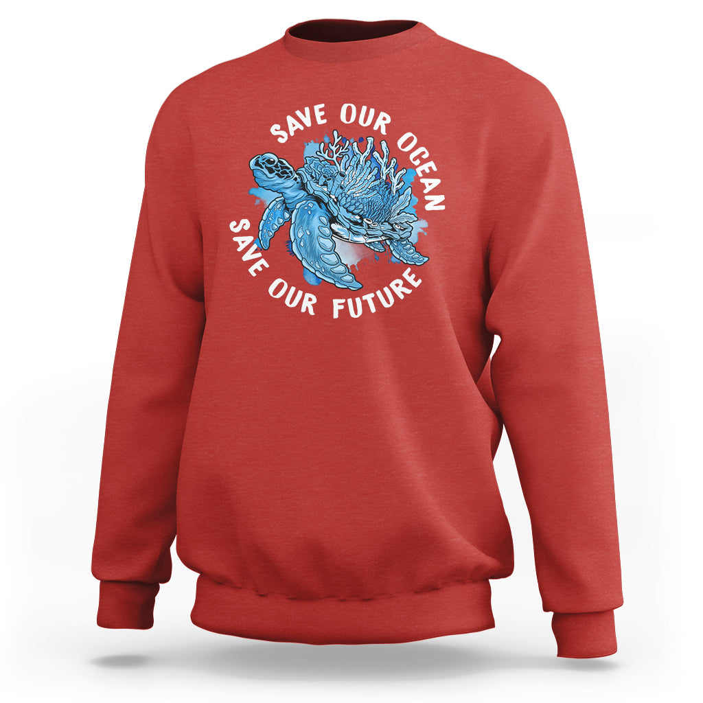 Red sweatshirt with blue sea turtle graphic and “Save Our Future” text