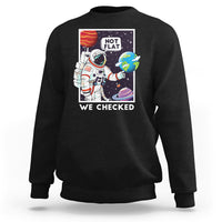 Black sweatshirt with astronaut and “NOT FLAT” space graphic, pullover crew neck