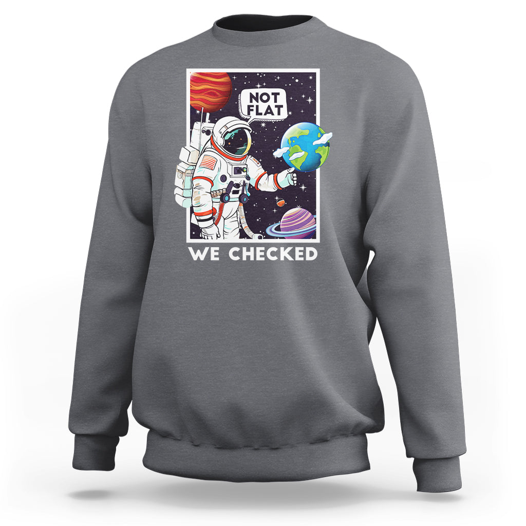 Charcoal gray sweatshirt with astronaut and “NOT FLAT” space graphic, pullover crew neck