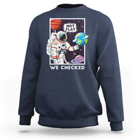 Navy sweatshirt with astronaut and “NOT FLAT” space graphic, pullover crew neck