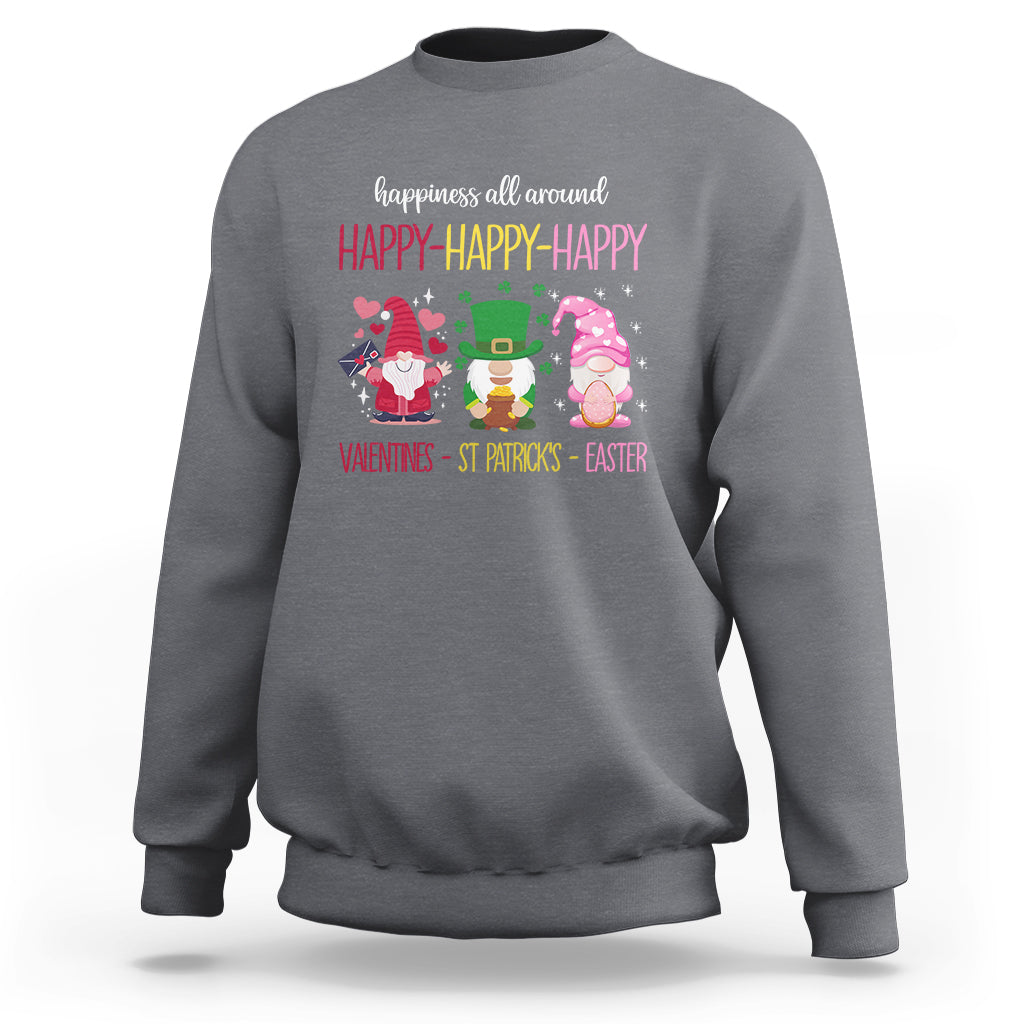Charcoal crewneck sweatshirt with colorful gnome holiday graphic and red "HAPPY-HAPPY-HAPPY"