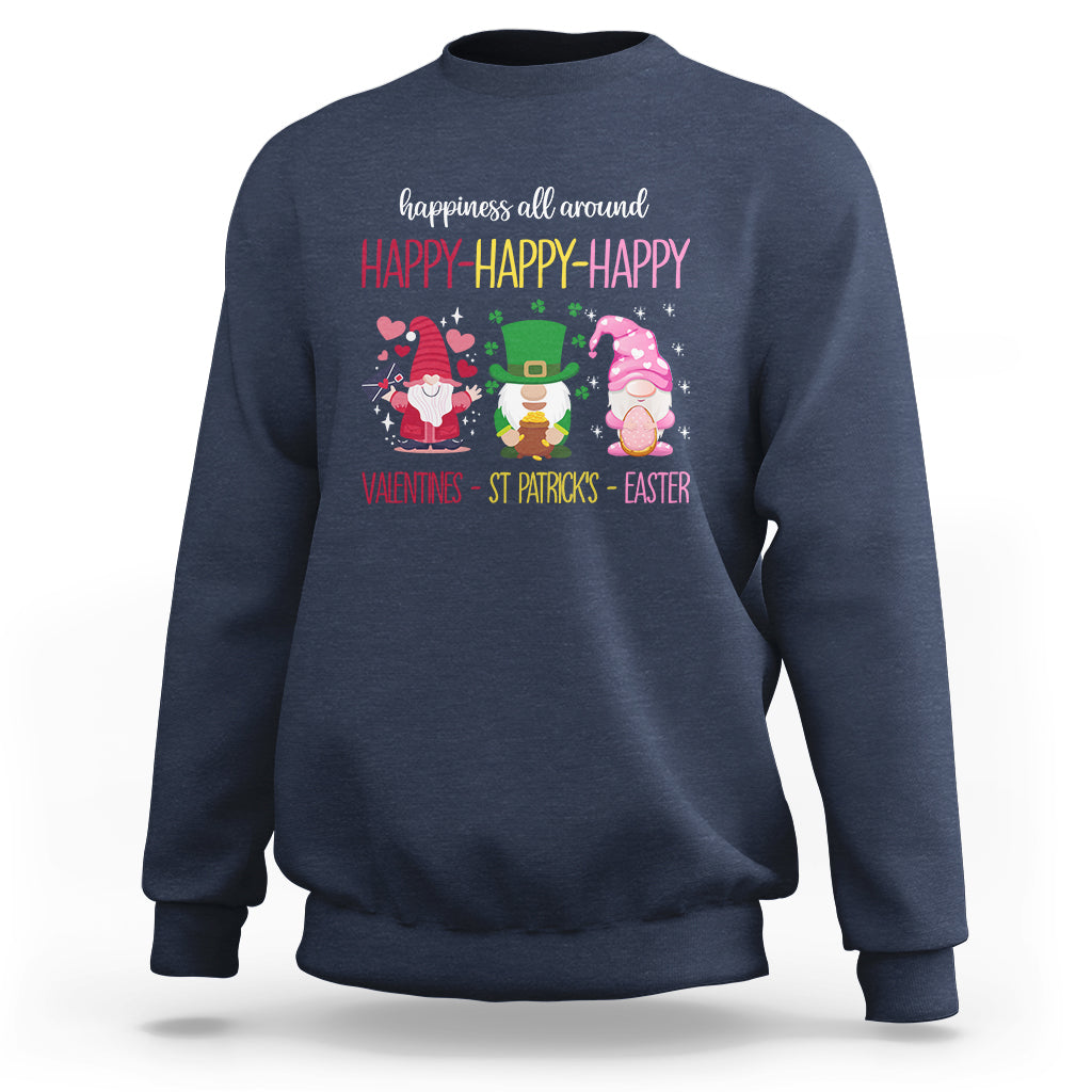 Navy crewneck sweatshirt with colorful gnome holiday graphic and red "HAPPY-HAPPY-HAPPY"