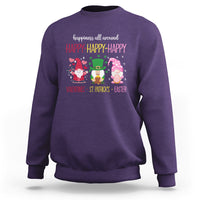 Purple crewneck sweatshirt with colorful gnome holiday graphic and red "HAPPY-HAPPY-HAPPY"