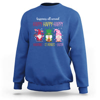 Royal blue crewneck sweatshirt with colorful gnome holiday graphic and red "HAPPY-HAPPY-HAPPY"