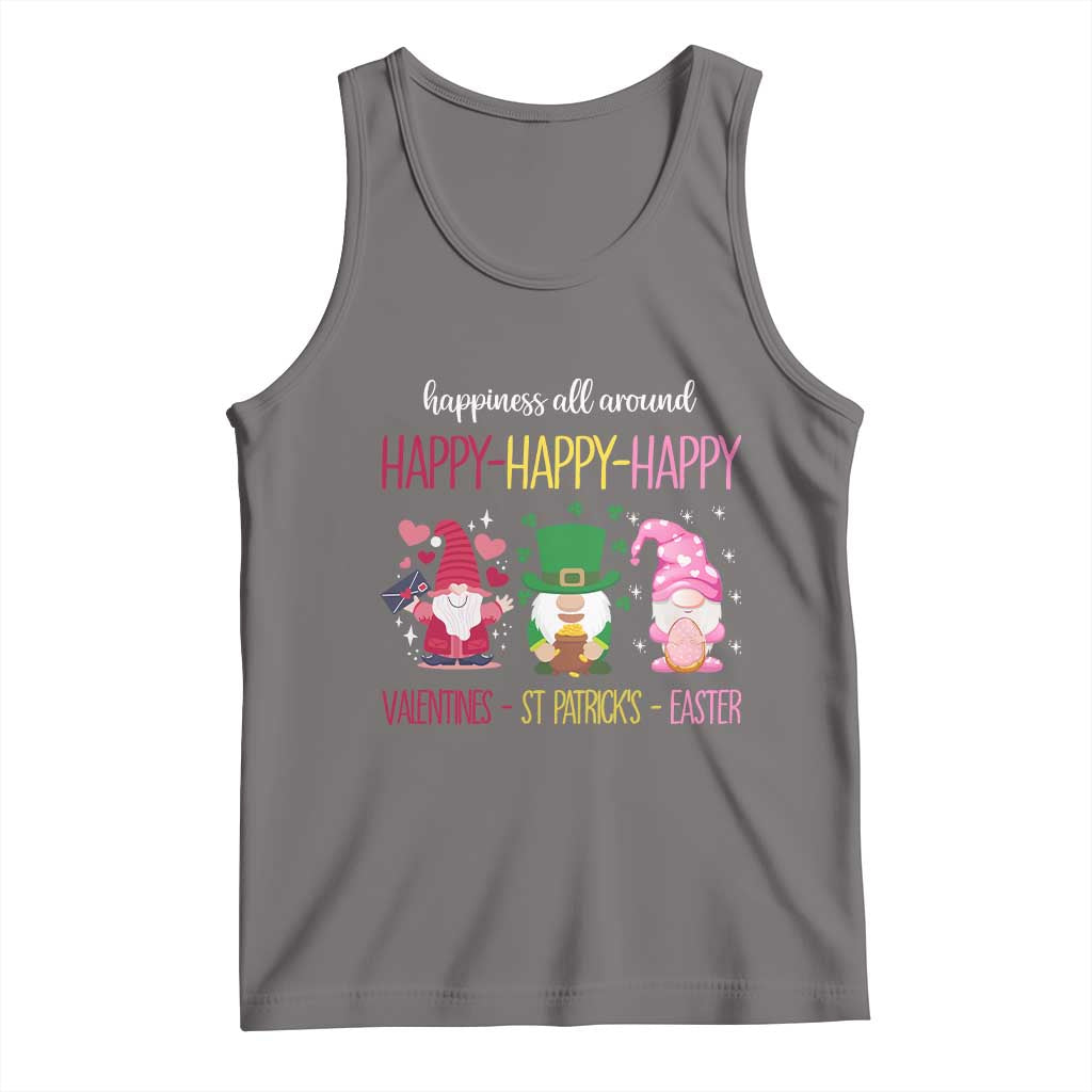 Grey kids tank top with gnome graphic and Happy-Happy Valentine–St. Patrick–Easter text