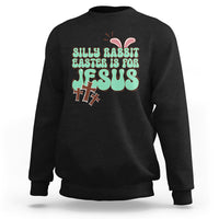 Black crewneck sweatshirt with colorful Easter rabbit "Easter is for Jesus" graphic.