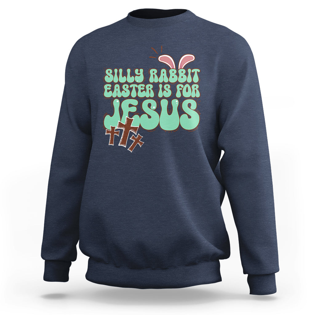 Navy crewneck sweatshirt with colorful Easter rabbit "Easter is for Jesus" graphic.