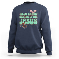 Navy crewneck sweatshirt with colorful Easter rabbit "Easter is for Jesus" graphic.
