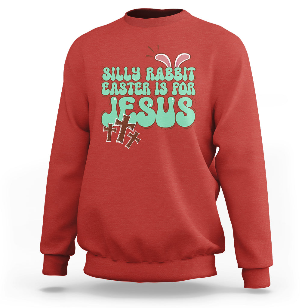 Red crewneck sweatshirt with colorful Easter rabbit "Easter is for Jesus" graphic.