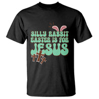 Black crewneck T-shirt with colorful 'Silly Rabbit' Easter 'Jesus' graphic front.
