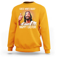 Gold yellow crewneck sweatshirt with “Guess Who’s Back?” “Happy Easter!” graphic on chest