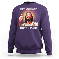 Purple crewneck sweatshirt with “Guess Who’s Back?” “Happy Easter!” graphic on chest