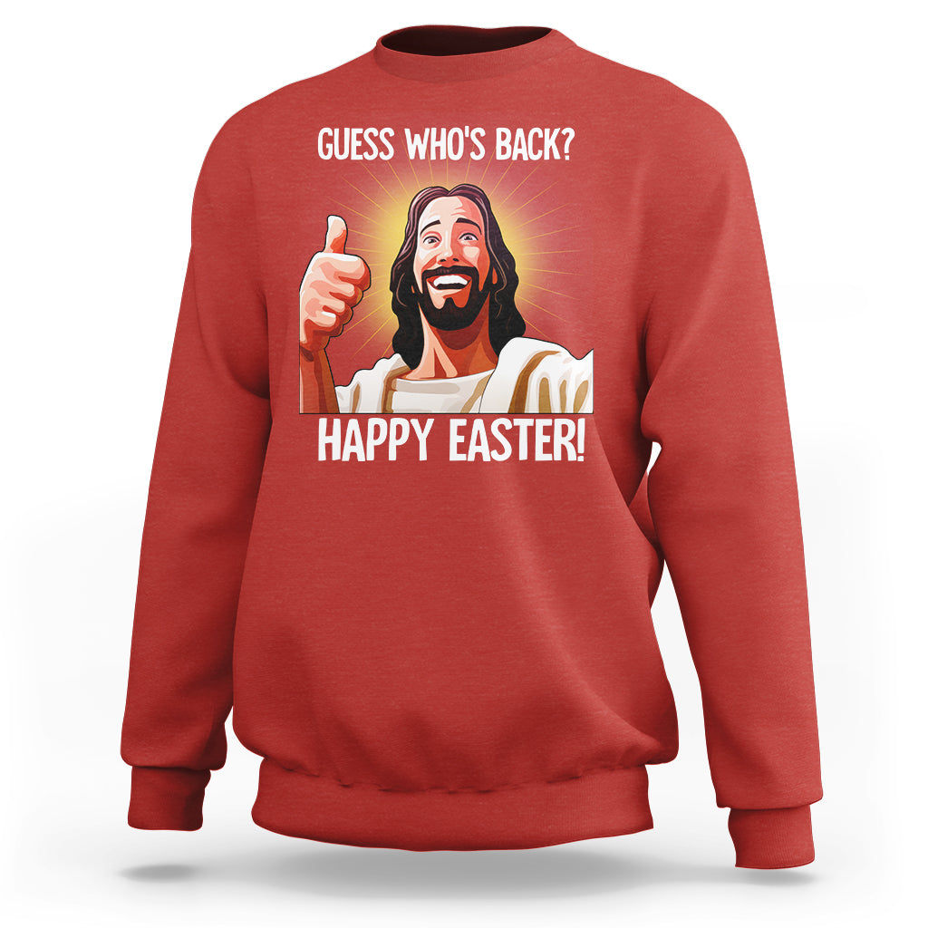 Red crewneck sweatshirt with “Guess Who’s Back?” “Happy Easter!” graphic on chest